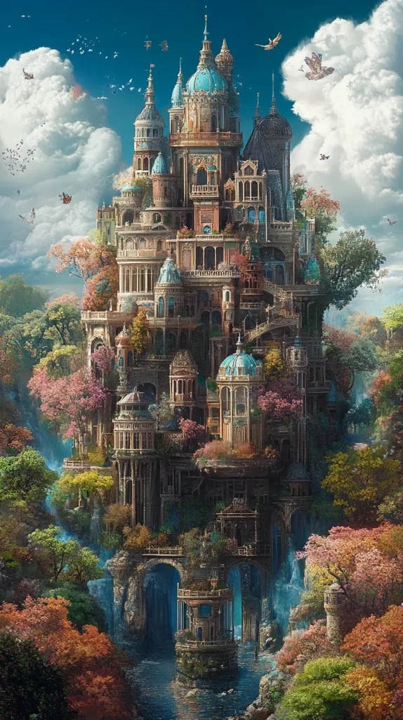 A breathtaking fantasy illustration depicts a colossal castle nestled amidst lush, vibrant foliage.  The castle, a multi-tiered architectural marvel with teal domes and intricate details, seems to grow organically from the landscape.  Waterfalls cascade down rocky cliffs, surrounding the castle's base, creating a serene and enchanting scene under a bright, partly cloudy sky.  Birds gracefully fly above, adding to the magical atmosphere.