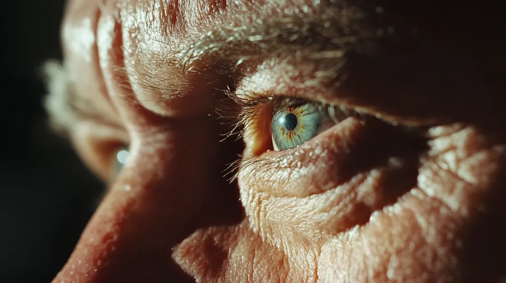 Close-up of an elderly man's eye, highlighting the intricate texture of his weathered skin and the subtle details of his iris.  The image focuses on the eye and surrounding area, emphasizing age and the passage of time.  The lighting creates shadows and highlights, enhancing the depth and character of his face.