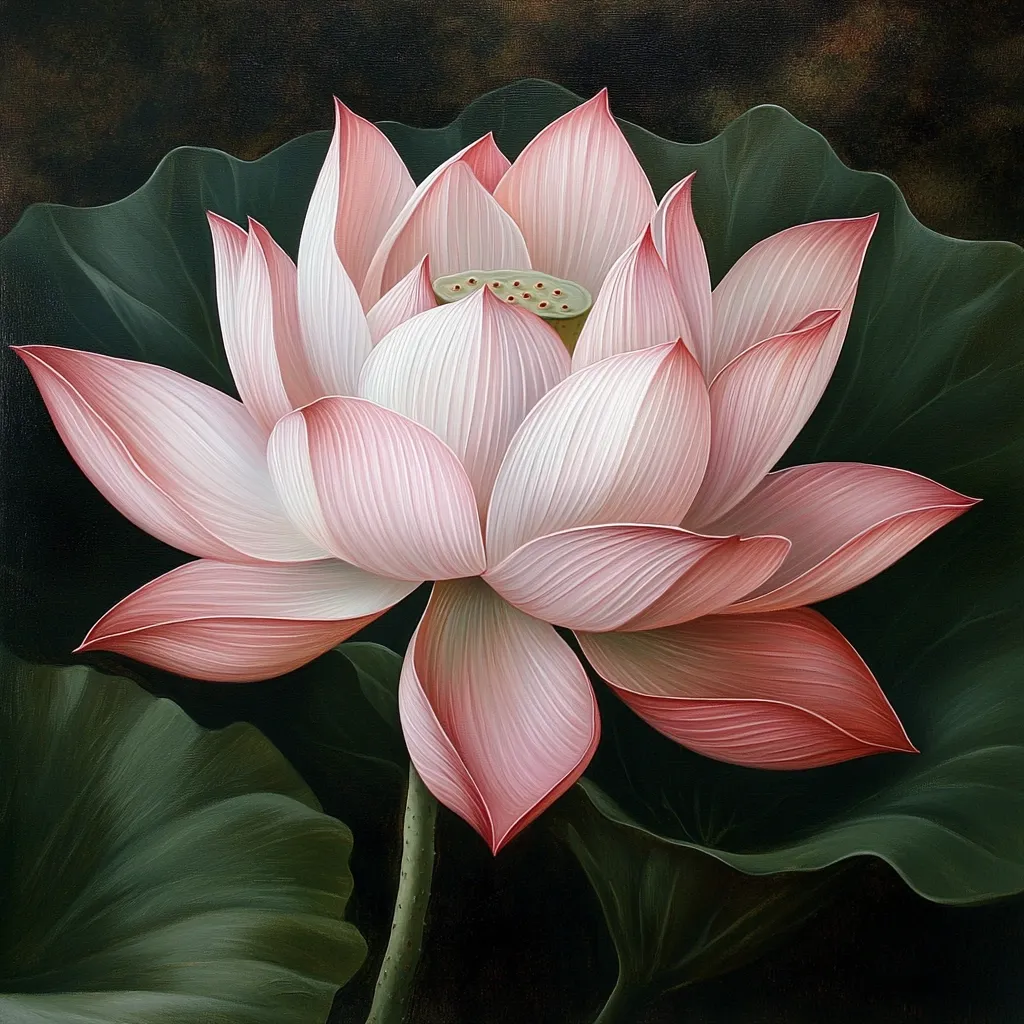 A meticulously rendered painting showcases a pink lotus flower in exquisite detail.  The delicate petals, subtly shaded to reveal their texture, unfold from a central seed pod.  The flower is dramatically set against large, dark green leaves, creating a striking contrast.  The artist's skill is evident in the smooth transitions and lifelike portrayal of the blossom.
