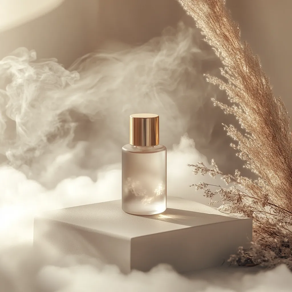 A cylindrical glass perfume bottle with a gold cap sits on a minimalist white cube.  Soft, ethereal smoke surrounds the bottle, creating a dreamy atmosphere. Dried pampas grass adds a touch of natural elegance to the scene, bathed in warm, ambient light. The overall aesthetic is serene and luxurious, emphasizing the fragrance's delicate essence.