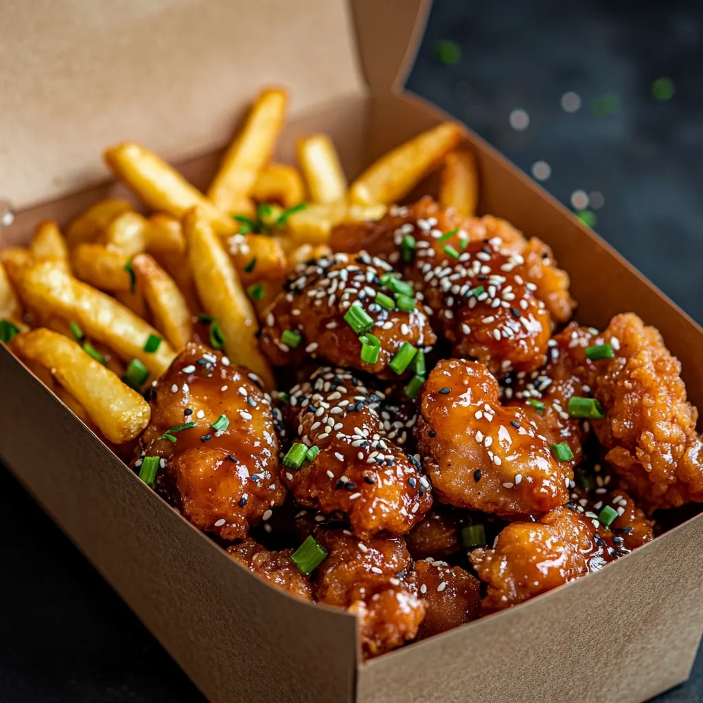 A cardboard takeout box overflows with a delicious meal.  Golden-brown french fries share space with succulent, sesame-seed-crusted chicken nuggets glistening with a rich, savory glaze.  Sprinkled with fresh green onions, the dish is a tempting mix of textures and flavors, perfect for a satisfying meal.