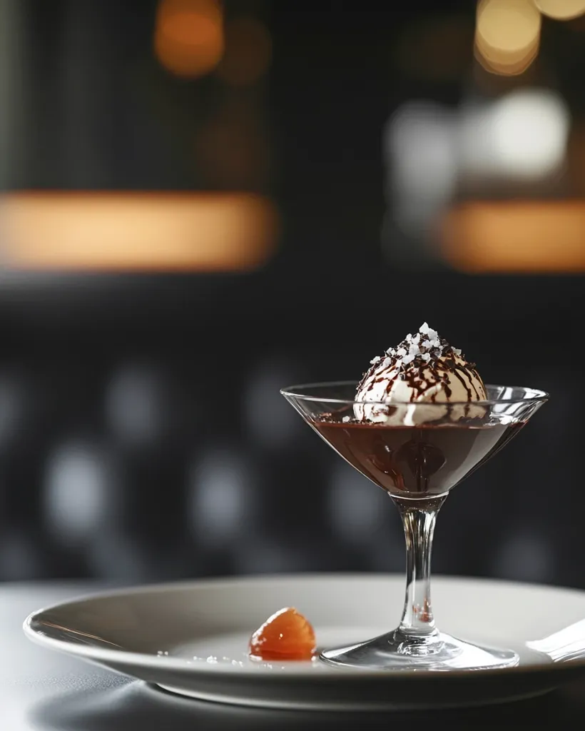 A decadent dessert is presented in a stemmed glass. A scoop of vanilla ice cream, drizzled with dark chocolate and sprinkled with sea salt, sits atop a pool of rich chocolate sauce. A small piece of fruit rests on a white plate beside the glass, adding a touch of color to the elegant presentation. The dark, blurred background emphasizes the dessert's luxurious appearance.