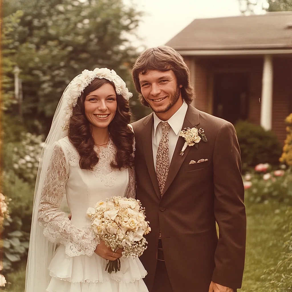 A vintage wedding photo shows a smiling bride and groom. The bride wears a long-sleeved lace wedding dress with a tiered skirt and a floral crown, holding a bouquet of white flowers.  The groom is in a brown suit with a patterned tie and a boutonniere. They stand in a garden in front of a house, showcasing a classic 1970s wedding style.  The image has a warm, nostalgic quality.