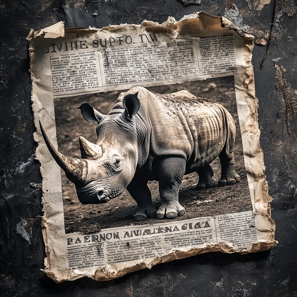 A weathered, tattered newspaper clipping features a powerful image of a rhinoceros.  The rhino, captured in a sepia-toned photograph, is centrally positioned, its thick hide and imposing horn prominent. The newspaper text is illegible, adding to the aged and antique aesthetic.  The contrast between the modern animal and the aged paper suggests a story of time, possibly referencing conservation or historical events.