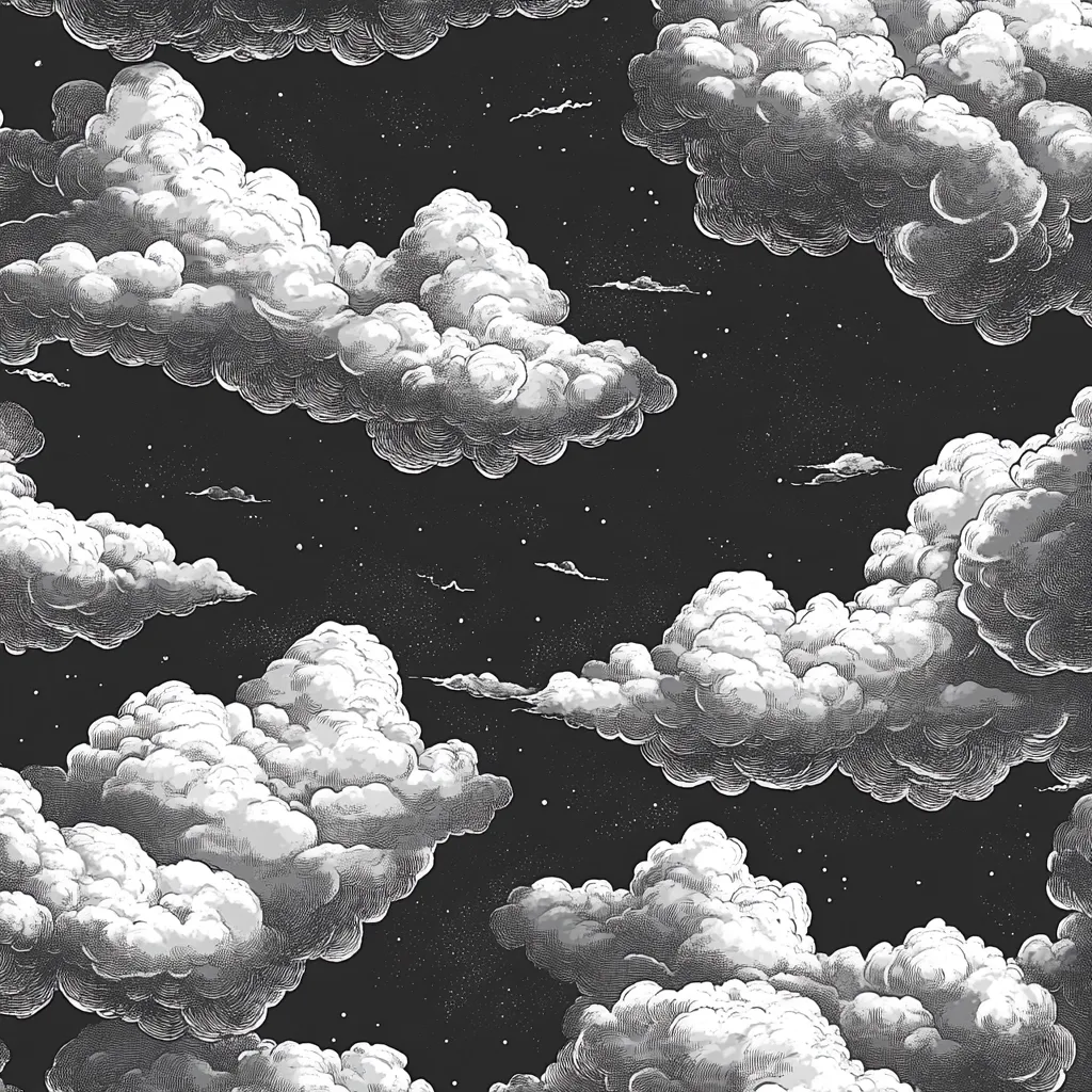 A detailed, monochromatic illustration depicts a night sky brimming with meticulously rendered clouds.  The clouds, drawn in a style reminiscent of vintage woodblock prints, vary in size and density, creating a sense of depth and movement across the dark background speckled with tiny stars. The overall effect is both dramatic and serene, evoking a sense of atmospheric wonder.