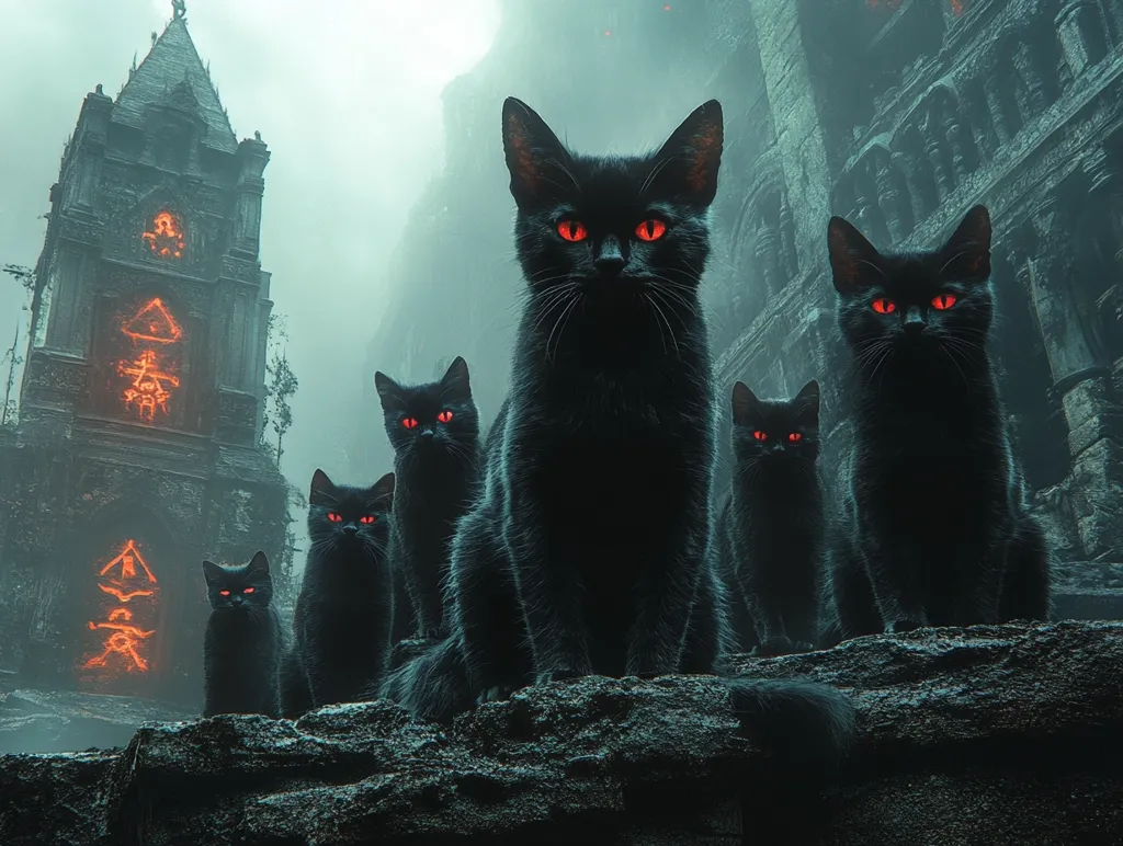 A group of black cats with glowing red eyes sits before a foreboding, ancient stone tower shrouded in mist.  The tower features glowing, arcane symbols.  The cats, sharply focused, exude an eerie atmosphere, suggesting a mystical or supernatural presence. The overall image is dark, moody, and evokes a sense of mystery and perhaps danger.