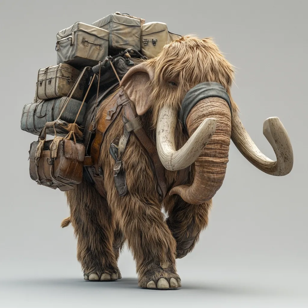A woolly mammoth, rendered in striking detail, carries a substantial load of vintage luggage strapped to its back.  The mammoth's thick fur and long tusks are realistically depicted, contrasting with the worn leather and canvas of the baggage.  The image presents a powerful and evocative scene, suggesting a journey through time or a fantastical adventure. The overall tone is one of rugged strength and endurance.
