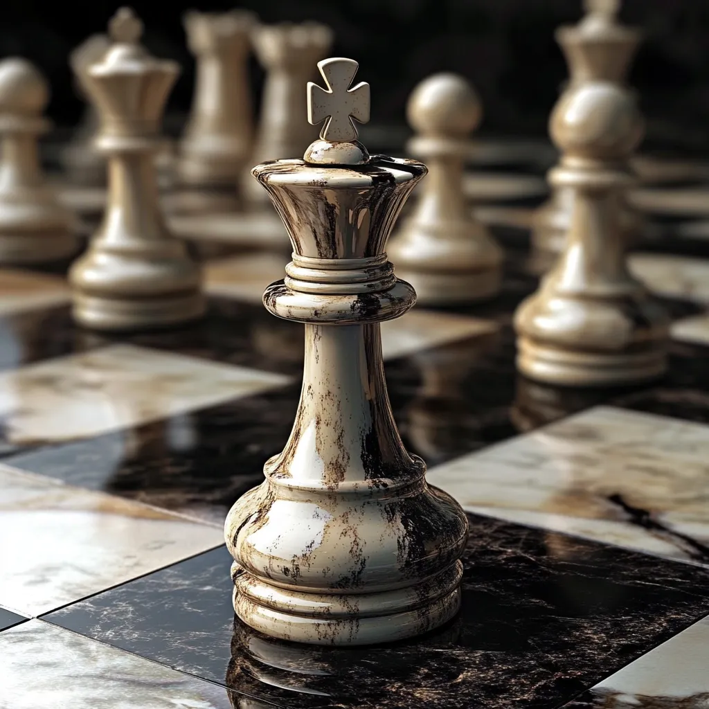 A weathered white chess king stands prominently in the center of a marble chessboard.  Surrounding it are blurred white chess pieces, suggesting a strategic game in progress. The king's worn appearance hints at numerous battles fought and victories achieved. The image emphasizes the king's central role and importance in the game.