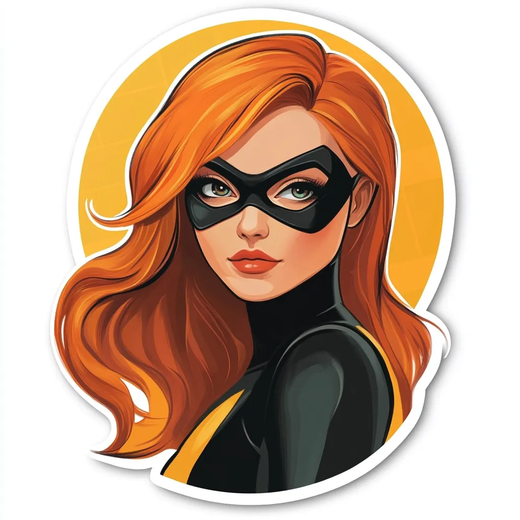 A stylized illustration of a female superhero.  She has vibrant orange hair, a black mask concealing her eyes, and a dark, form-fitting costume with yellow accents.  Her expression is confident and alluring. The artwork is framed in a circular sticker design with a warm yellow background. The style is reminiscent of comic book art with a modern, polished finish.