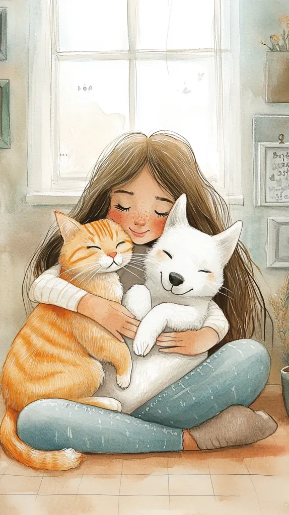 A watercolor illustration depicts a girl with long brown hair sitting on the floor, serenely embracing an orange cat and a white dog.  The girl's eyes are closed, conveying a sense of peace and contentment. The animals appear calm and affectionate, nestled closely against her. The setting is a cozy room with a window and simple decor, enhancing the tranquil atmosphere. The overall style is soft, gentle, and heartwarming.