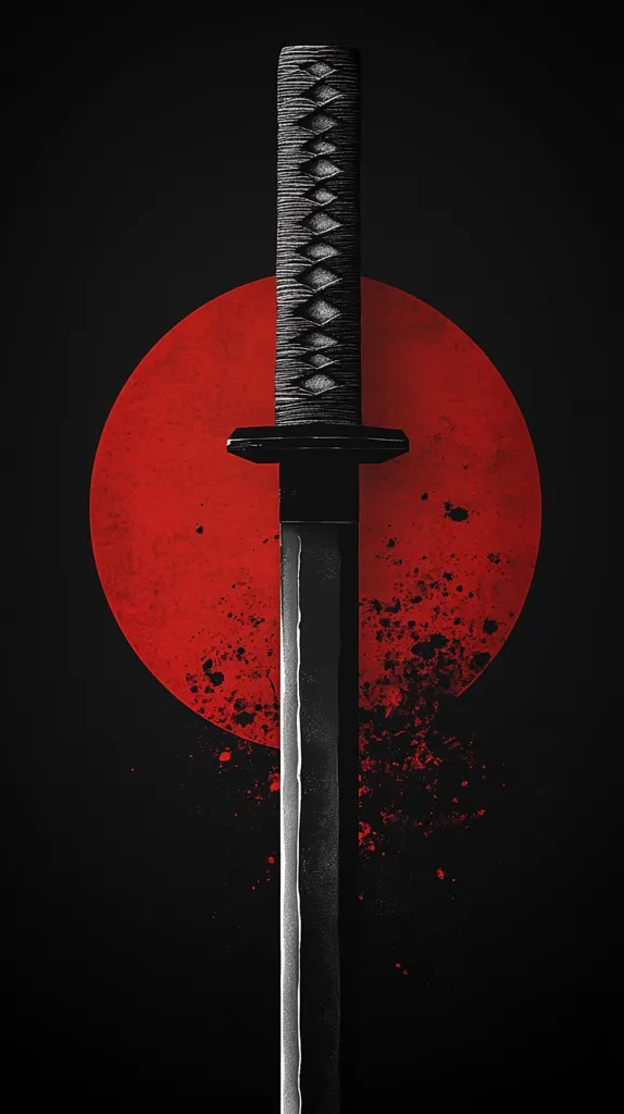 A katana, a traditional Japanese sword, is depicted against a backdrop of a stylized red sun.  The tsuka (hilt) is intricately detailed, contrasting with the dark blade.  Red splatters suggest blood, adding a dramatic and violent tone to the minimalist composition. The overall aesthetic is stark, evocative of samurai culture and perhaps a scene of combat.