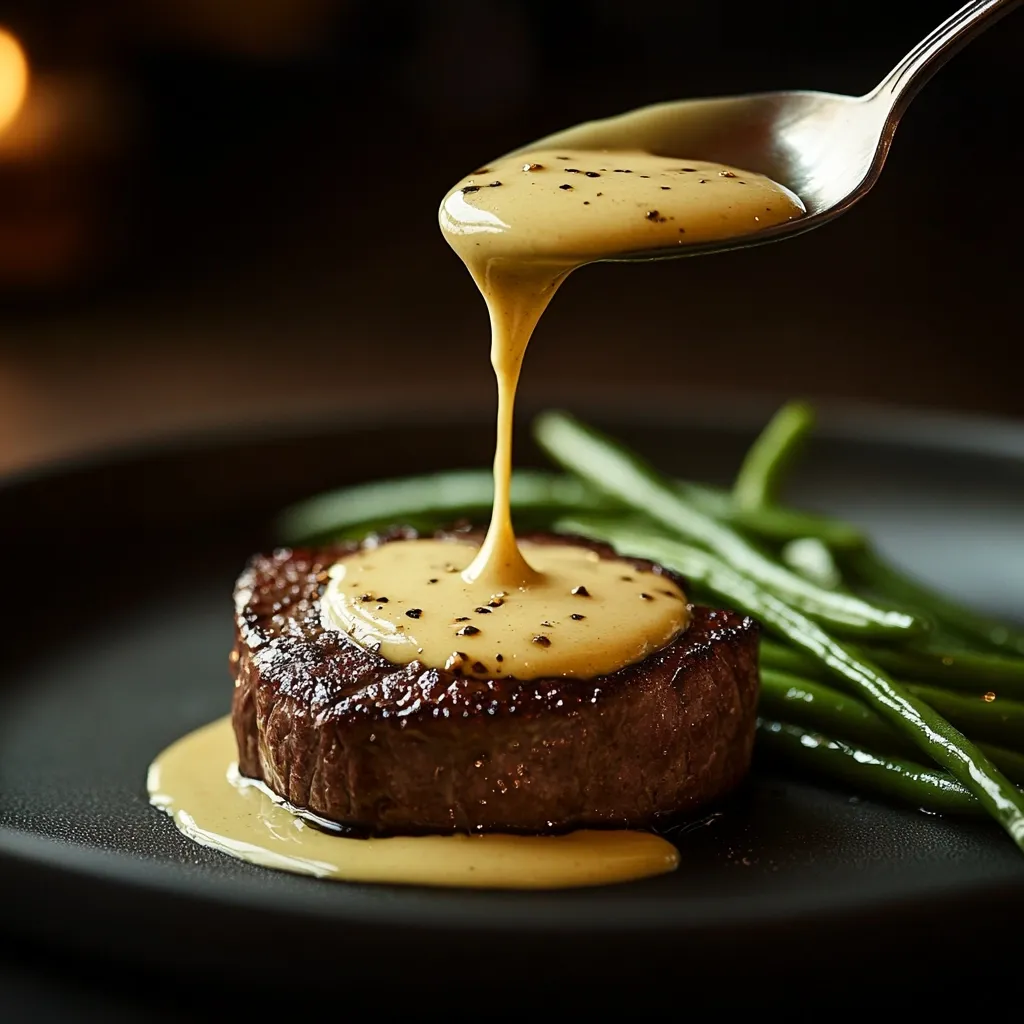 A perfectly seared beef fillet is elegantly plated with a side of green beans.  A rich, creamy sauce, speckled with pepper, is being drizzled from a spoon onto the succulent steak. The dark background and close-up shot highlight the dish's luxurious texture and appetizing presentation.  The image evokes a sense of fine dining and culinary sophistication.
