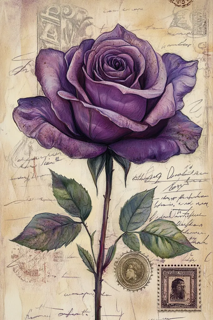 A richly colored purple rose dominates this vintage-style artwork.  The rose's deep hue and detailed petals are rendered with a painterly technique. It's set against a background of aged parchment, adorned with handwritten script, postage stamps, and decorative seals, creating a romantic, antique aesthetic.  The overall effect is one of elegance and nostalgic charm.
