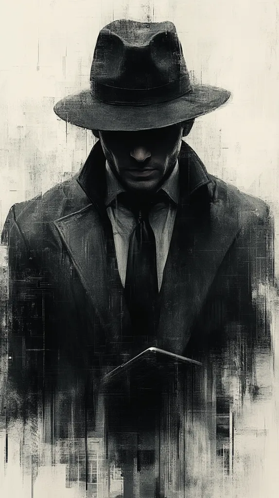 A monochromatic illustration depicts a man in a fedora and overcoat, his face obscured by shadow. He is dressed in a suit and tie, holding an unseen object. The style is reminiscent of film noir, with a textured, grunge-like effect adding to the mysterious ambiance. The overall mood is dark and secretive, hinting at a clandestine character or storyline.  The background is a muted off-white with a distressed texture.