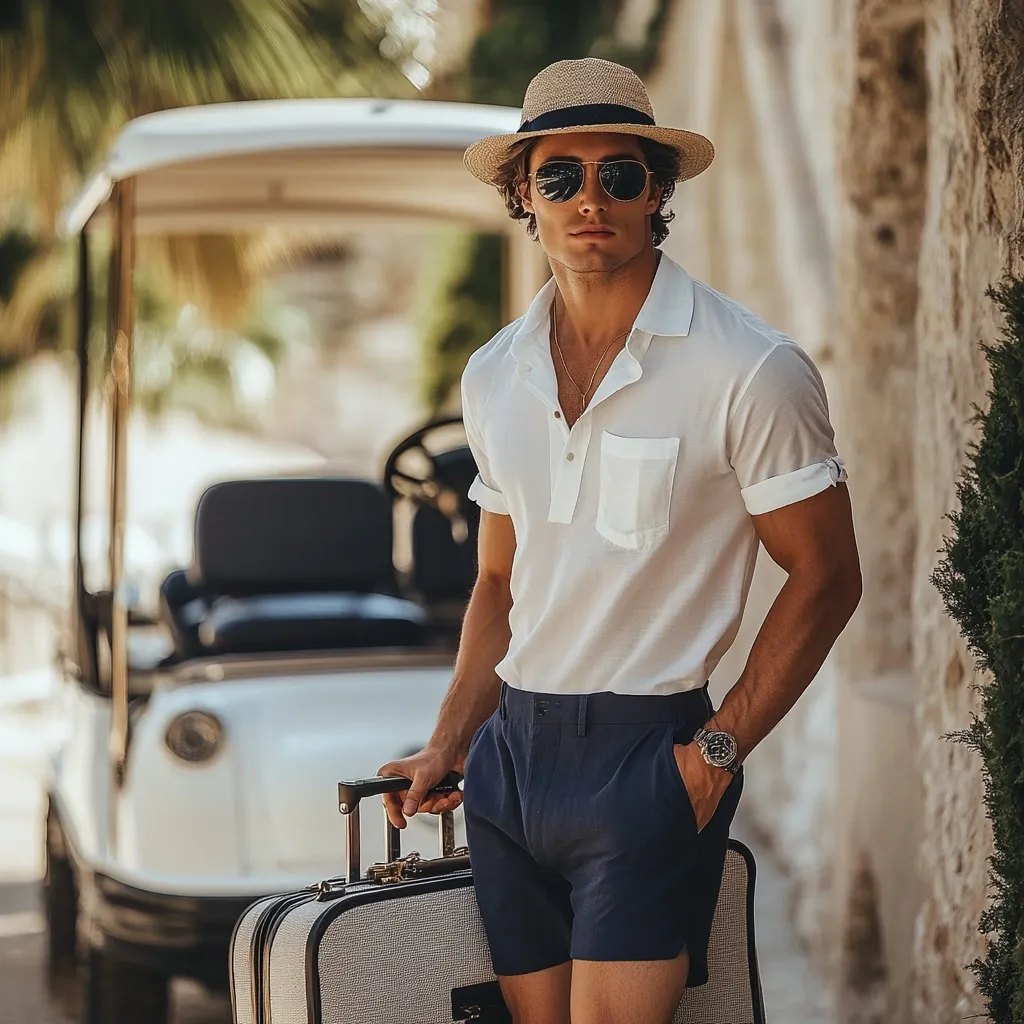 A stylish man in a white linen shirt and navy shorts stands beside a golf cart, holding a beige suitcase. He wears a straw hat and sunglasses, exuding a summery, sophisticated vibe.  The setting appears to be a luxurious resort or upscale neighborhood. His relaxed pose and confident demeanor suggest a sense of effortless cool.
