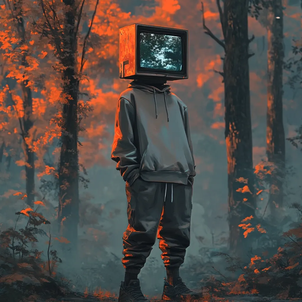A digital art piece depicts a figure in a grey hoodie and dark pants standing in a forest.  The figure's head is replaced by an old-fashioned television set displaying a tranquil landscape. The forest is bathed in an eerie, orange-hued light, creating a surreal and melancholic atmosphere. The overall style is digitally painted, with a focus on mood and atmosphere.