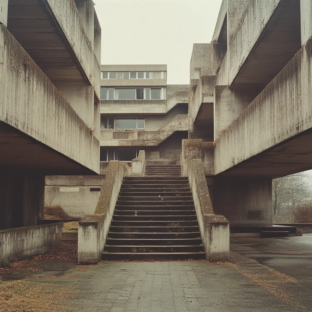 A long staircase ascends between two imposing, Brutalist concrete structures.  The buildings feature multiple levels with overhanging balconies and walkways, creating a sense of depth and isolation.  The weathered concrete shows signs of age, adding to the austere atmosphere.  Trees are visible in the background, suggesting a secluded location. The overall impression is one of stark, geometric architecture in a quiet, possibly abandoned setting.