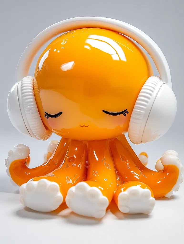 An adorable orange octopus figurine is shown wearing oversized white headphones.  The octopus has a round, shiny body and features cute, closed eyes. Its tentacles are plump and end in white, rounded tips. The overall style is playful and charming, suggesting a relaxed and peaceful mood.  The figurine appears to be made from a smooth, glossy material.