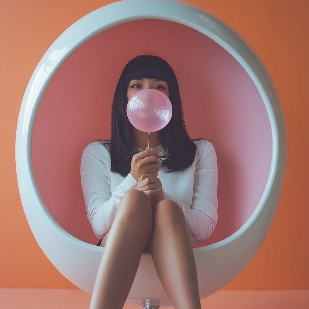 A young woman with dark hair sits in a modern white egg-shaped chair against a coral-colored wall.  She holds a large, pale pink bubblegum balloon in front of her face, obscuring her mouth. Her attire is a simple white long-sleeved top and shorts, showcasing her legs. The image has a clean, minimalist aesthetic.