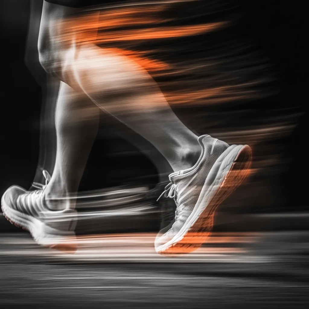 A dynamic image captures a runner's legs in motion, blurred to emphasize speed and power.  The grayscale palette highlights the athlete's form, with streaks of orange accentuating the leg muscles.  The focus is on the runner's feet, showcasing their athletic footwear as they propel forward, conveying a sense of energy and athleticism.