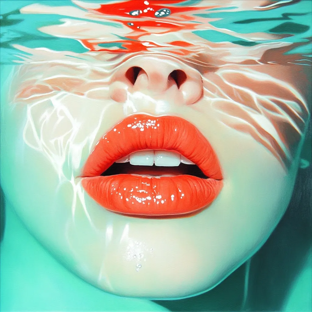 A close-up, hyperrealistic painting depicts a woman's face submerged underwater.  Her vibrant, glossy orange lips are the focal point, contrasted against the cool teal water.  The water's surface distorts her features, creating an ethereal and sensual effect. Light refracts through the water, adding depth and luminosity to the image.  The overall style is striking and visually arresting.