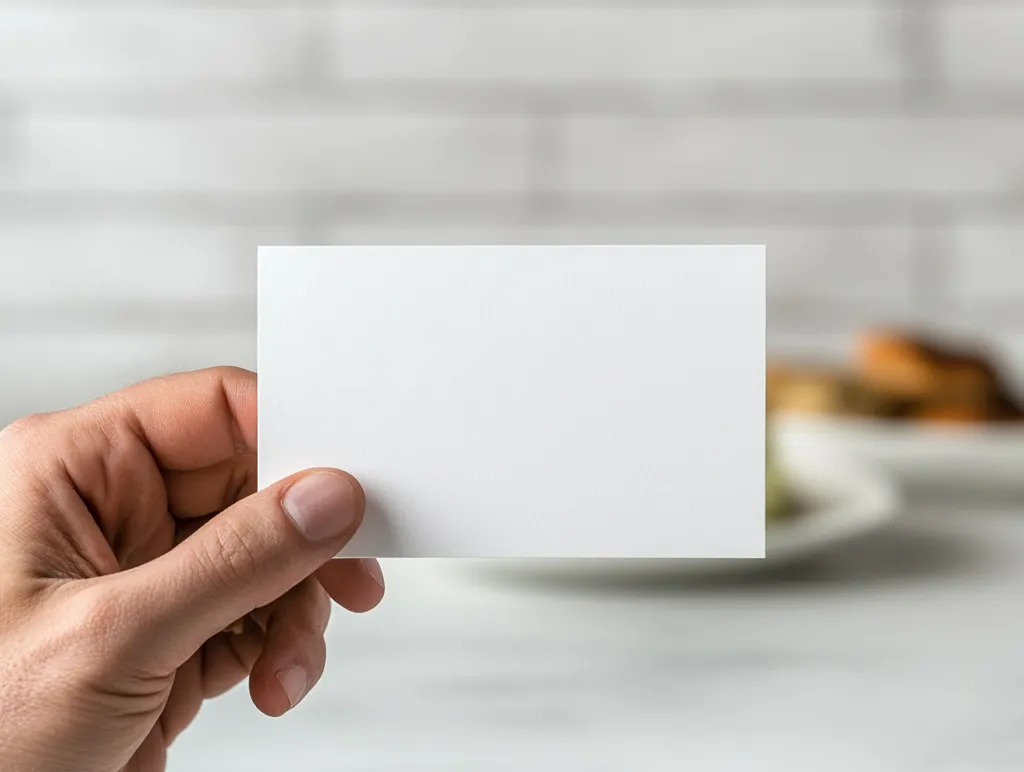 A hand holds a blank white card against a blurred background.  The background features a white brick wall and out-of-focus food on a plate, suggesting a restaurant or kitchen setting. The card is centrally positioned and prominently displayed, ideal for showcasing text or designs.  The image offers a clean and minimalist aesthetic.