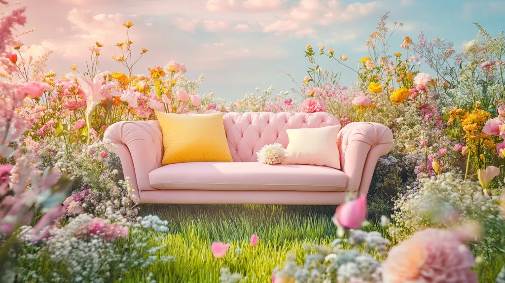A pastel pink tufted loveseat sits in a vibrant garden brimming with colorful flowers.  Soft yellow and cream pillows rest on the seat.  The scene is idyllic and dreamy, bathed in soft sunlight, creating a romantic and whimsical atmosphere.  The surrounding flowers range from pinks and yellows to whites and oranges.