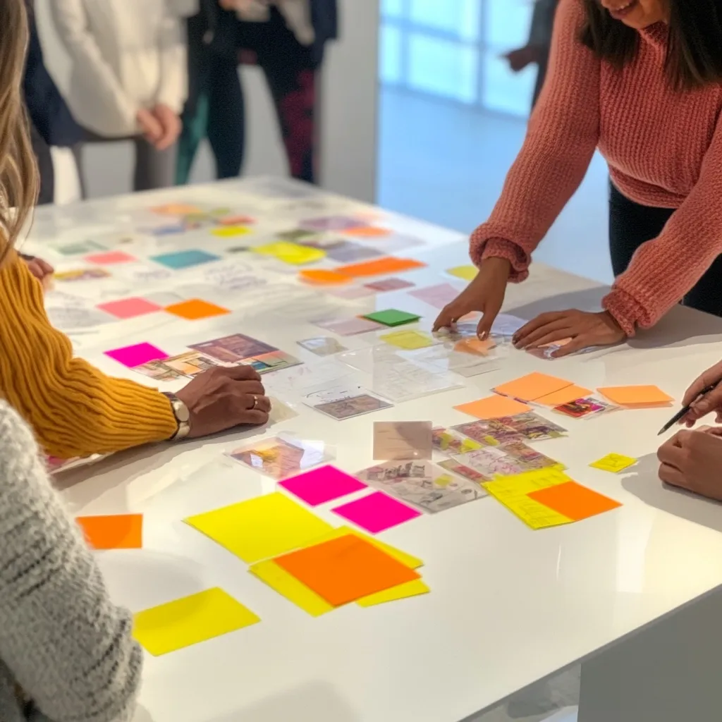 A group collaborates around a large white table covered in colorful sticky notes, papers, and images.  People are actively arranging and discussing the materials, suggesting a brainstorming or planning session.  The bright colors and diverse materials indicate a creative and collaborative process. The atmosphere is focused and engaging.