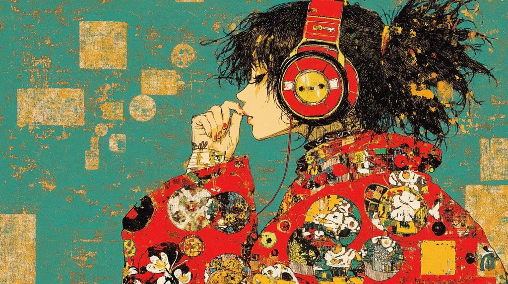 A stylized anime-inspired portrait of a young woman with vibrant, dark hair wearing large red headphones. She is dressed in a red and gold patterned coat, possibly a kimono, filled with collage-like details. Her expression is pensive, fingers to her lips, against a teal background with gold geometric shapes. The artwork's texture is rich, appearing almost like a painting with mixed media elements. The overall style is bold and eclectic, blending traditional and modern aesthetics.