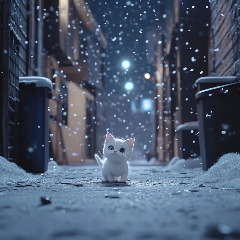 A small, fluffy white kitten stands in a snowy alleyway at night.  Snow falls gently around it, illuminating the kitten against the softly lit buildings.  The scene is serene and evokes a sense of quiet solitude. The kitten's large eyes are captivating, adding to the image's charm.