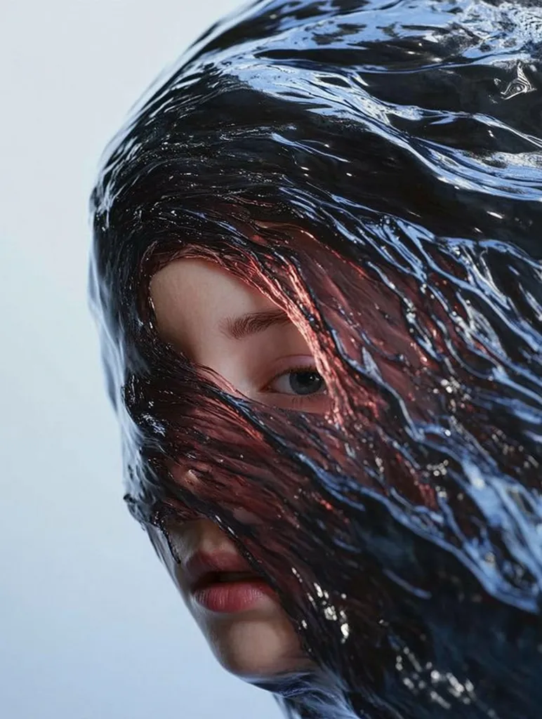 A close-up shot reveals a person's face partially obscured by a dark, translucent, flowing material resembling plastic or resin.  The material drapes dramatically, obscuring most of the face except for one eye and part of the mouth. The person's pink hair is visible beneath the dark substance. The overall impression is one of mystery and surrealism.