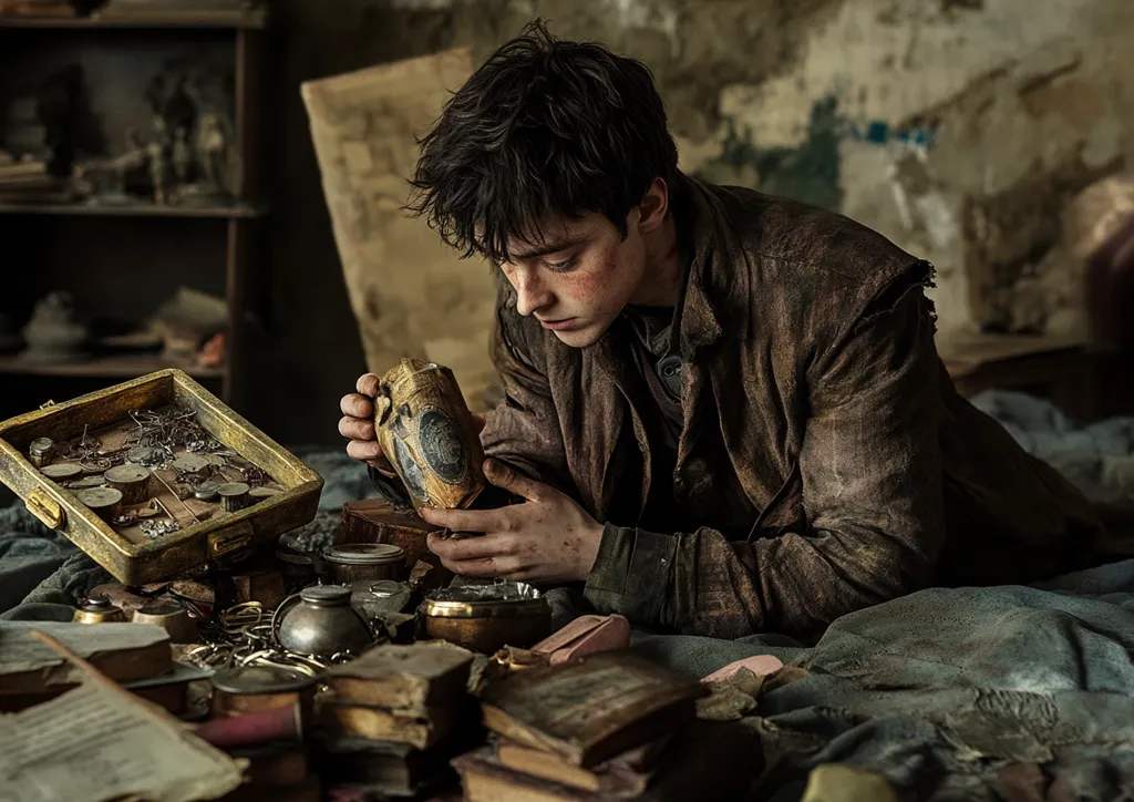 A young man, dressed in worn clothing, sits on a bed surrounded by old books and trinkets. He carefully examines a small, aged container, his brow furrowed in concentration.  The room is dimly lit and cluttered, suggesting a setting of poverty or historical significance. The overall mood is one of mystery and intrigue.