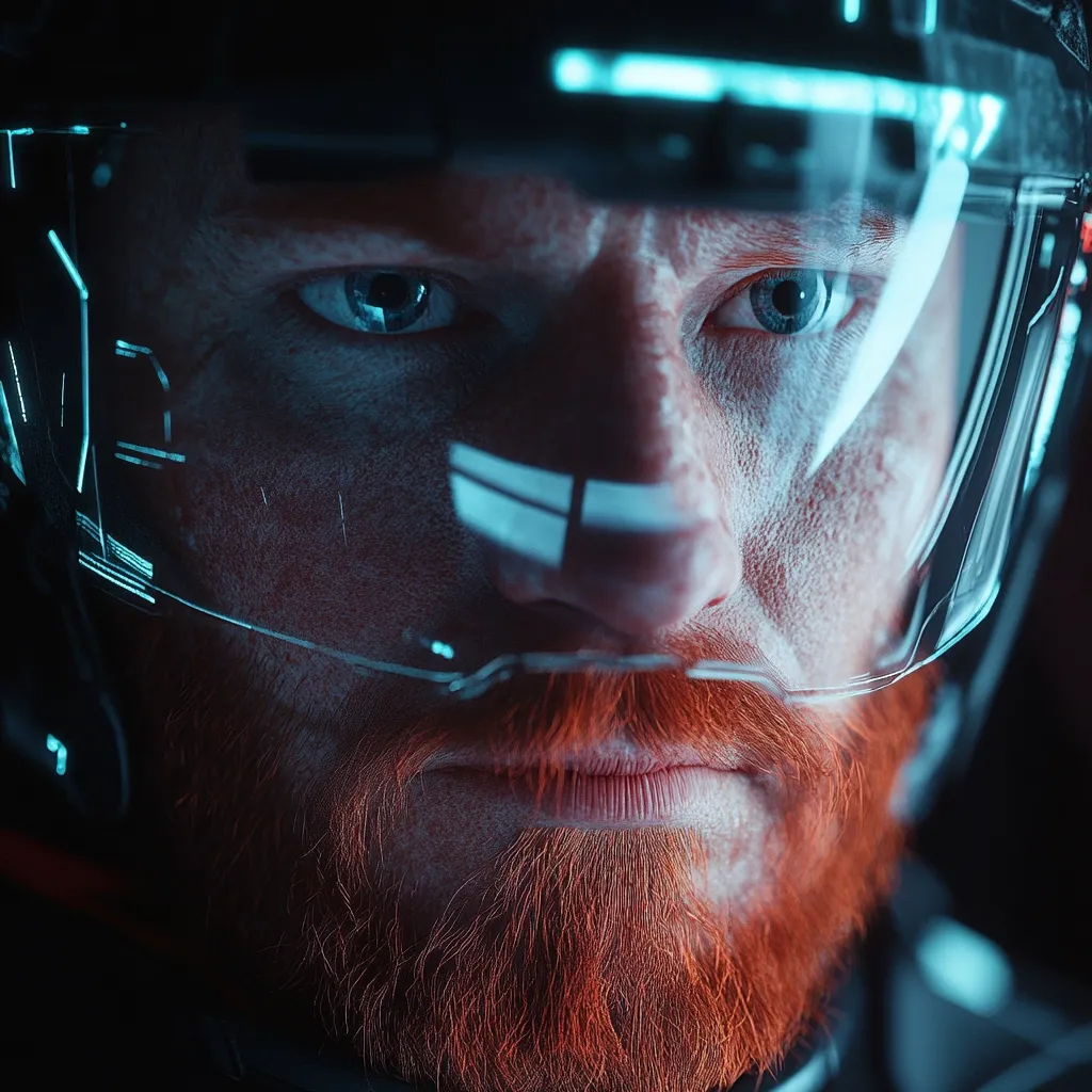 Close-up of a man's face behind a futuristic helmet's transparent visor.  His intense gaze is visible, highlighted by the blue light reflecting on his face. He has a full, vibrant red beard. The helmet's design suggests advanced technology, creating a powerful and mysterious image.  The overall mood is serious and technologically advanced.