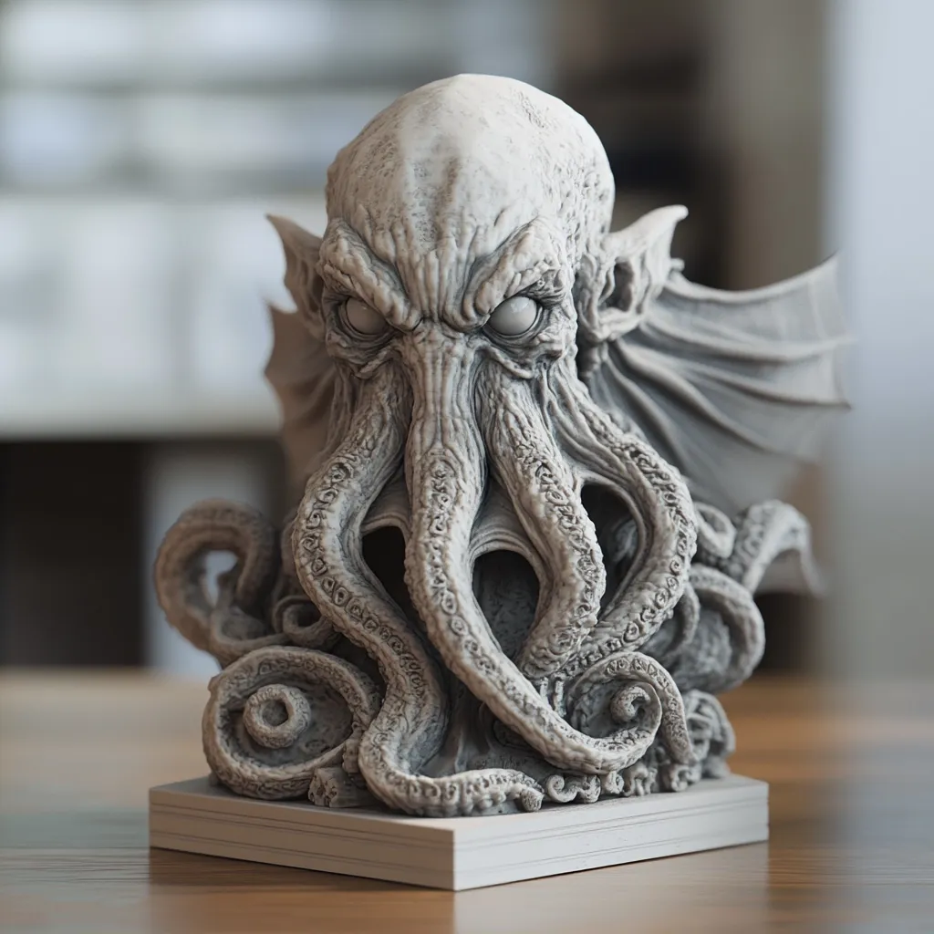 A meticulously detailed bust of Cthulhu, the cosmic entity from H.P. Lovecraft's mythos, is showcased.  The sculpture captures Cthulhu's monstrous features: a large, wrinkled head with piercing eyes, and numerous tentacles swirling around a central mass.  Bat-like wings are partially visible, adding to the creature's otherworldly presence. The bust sits on a simple, light-colored base, enhancing its imposing stature.  The grey color palette emphasizes the statue's textural complexity and eerie realism.