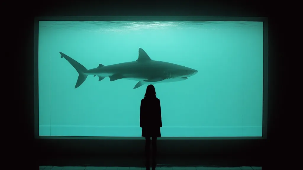 A silhouetted woman stands before a large aquarium, observing a sand tiger shark swimming within. The teal-lit water contrasts sharply with the dark surroundings and the woman's black coat. The scene evokes a sense of awe, contemplation, or perhaps even apprehension, highlighting the powerful presence of the shark and the vulnerability of the human observer.  The image is stark and minimalist.