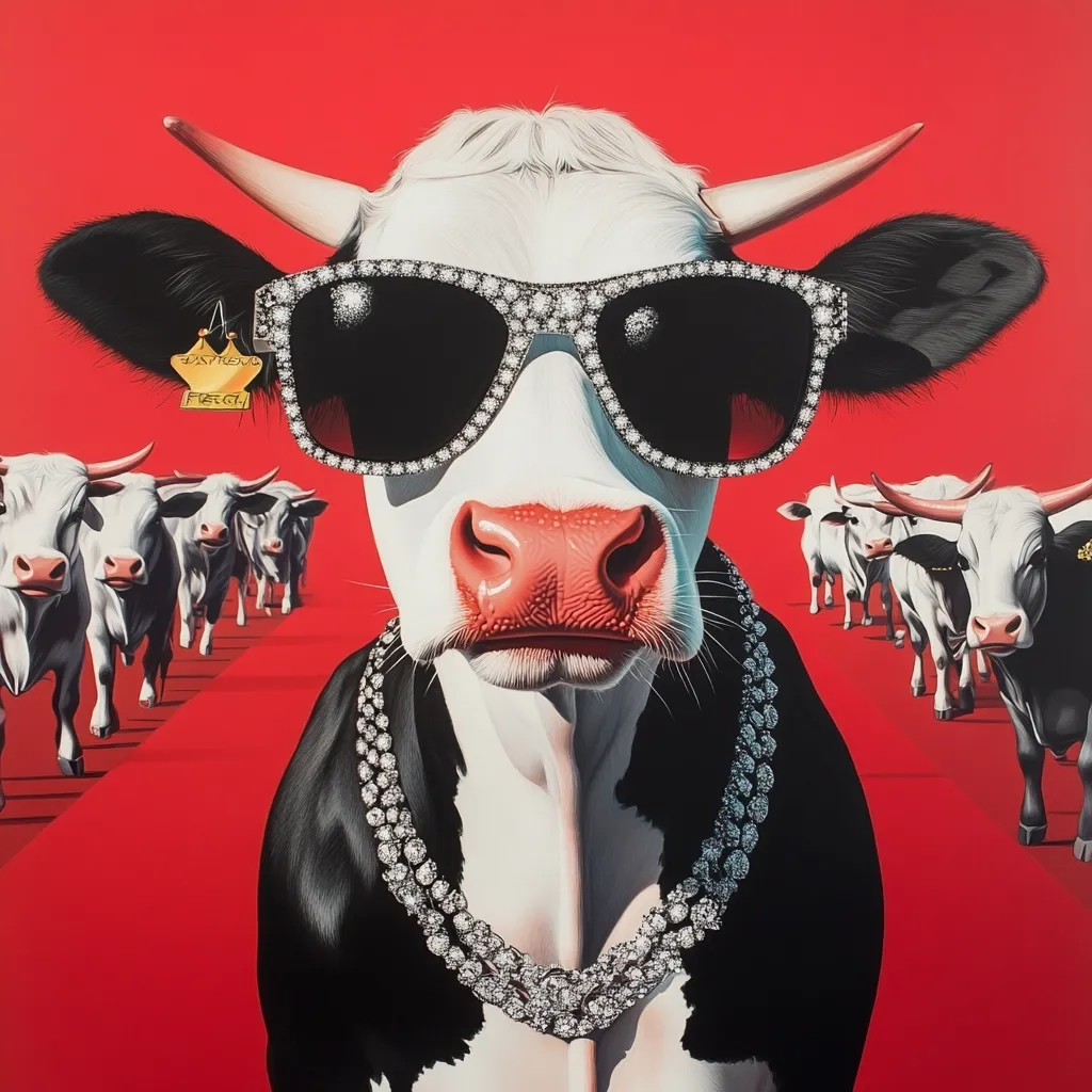 A stylish cow, adorned with diamond-encrusted sunglasses and a lavish diamond necklace, struts down a red carpet.  A line of other cows follows behind, creating a comical and luxurious scene.  The cow's confident expression and opulent accessories suggest a glamorous, high-fashion theme.  The vibrant red background enhances the overall bold and striking image.