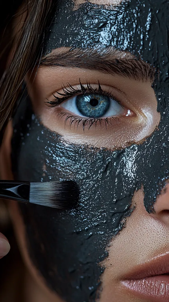 Close-up view of a woman's face with a dark grey, textured face mask applied.  A brush is being used to apply more mask.  Her eye, with striking blue iris, is partially visible. The image focuses on the application process and the mask's texture, highlighting the skincare routine.  The lighting and focus are sharp, providing a detailed view of the mask and skin.