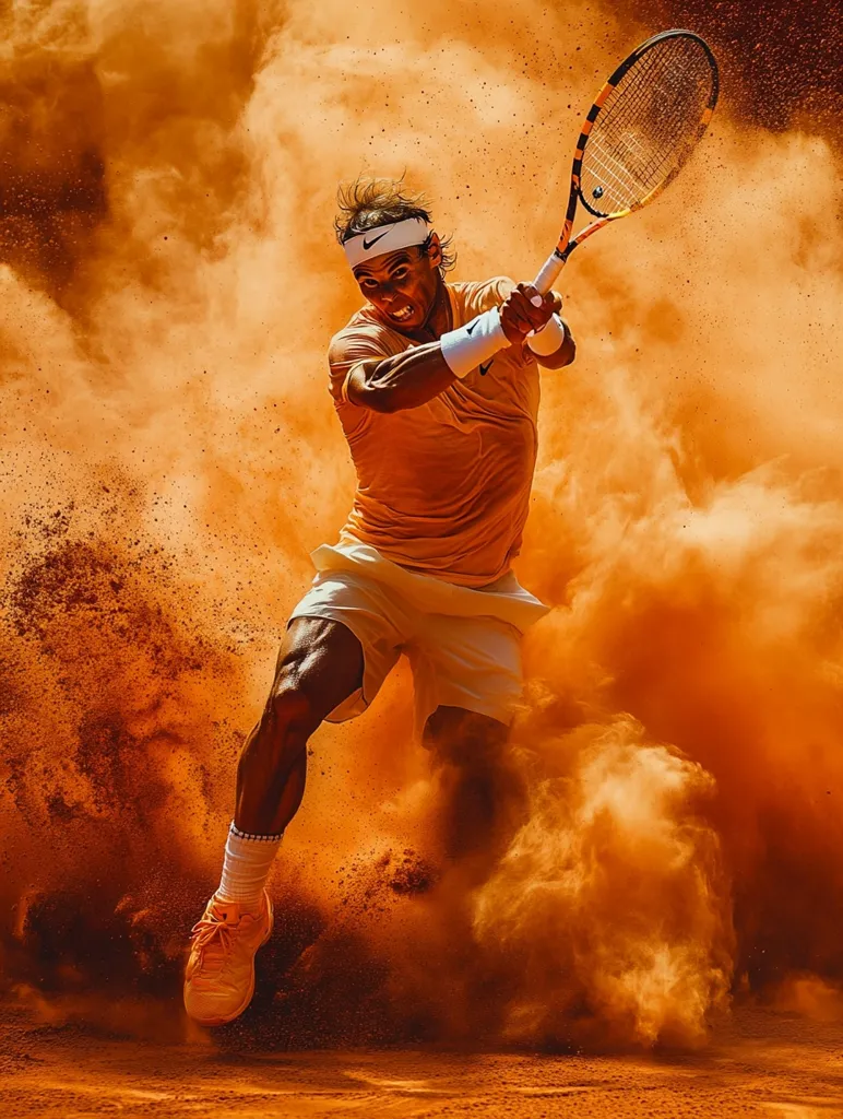 A dynamic image captures Rafael Nadal, the renowned tennis player, in mid-swing.  He's surrounded by a vibrant orange cloud of dust kicked up from the clay court.  Nadal's intense focus and powerful movement are emphasized by the dramatic lighting and swirling dust, creating a visually arresting moment of athleticism.  The overall effect is one of energy and raw power.