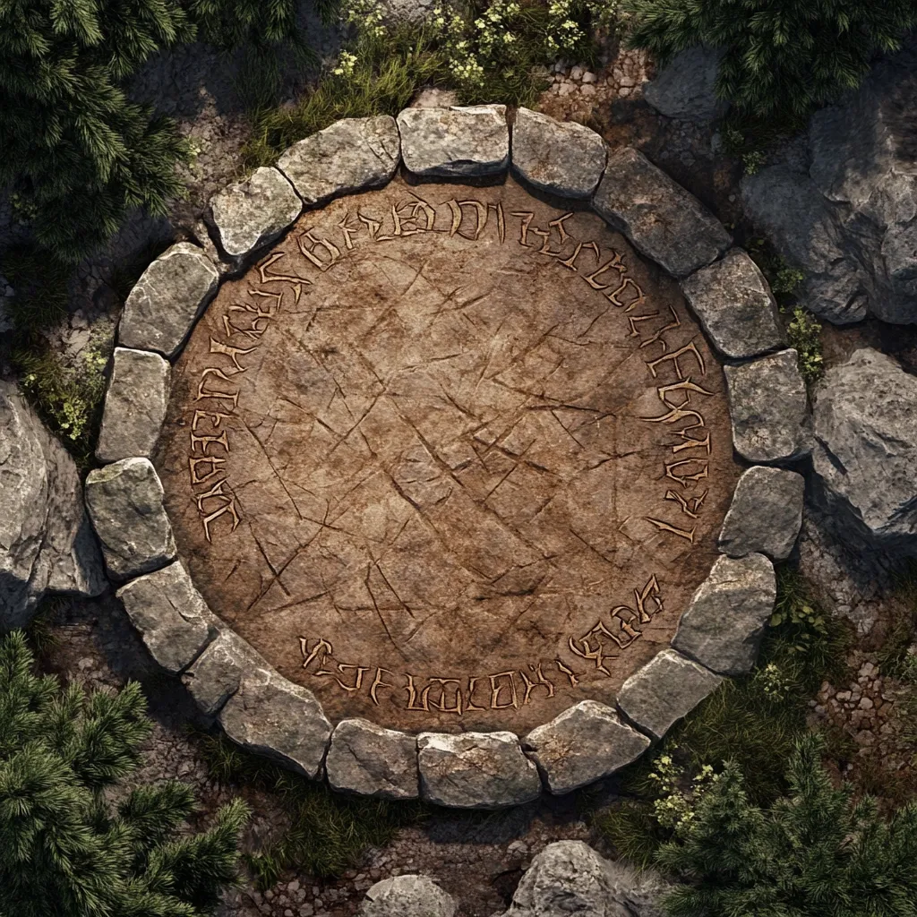 An overhead view reveals a circular stone structure nestled within a verdant landscape.  The stones form a low wall encircling a flat, worn central area.  Ancient-looking runes or inscriptions are etched into the stone's surface, hinting at a historical or mystical significance.  The surrounding vegetation suggests a secluded, possibly ancient, location.