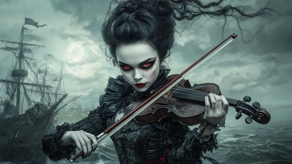 A dark-haired woman with red eyes, dressed in a gothic-style black dress, plays a violin.  Her pale face and intense gaze create an eerie atmosphere.  In the background, old sailing ships are visible under a stormy, moonlit sky, suggesting a nautical or fantasy setting. The overall image is dramatic and evocative of mystery.