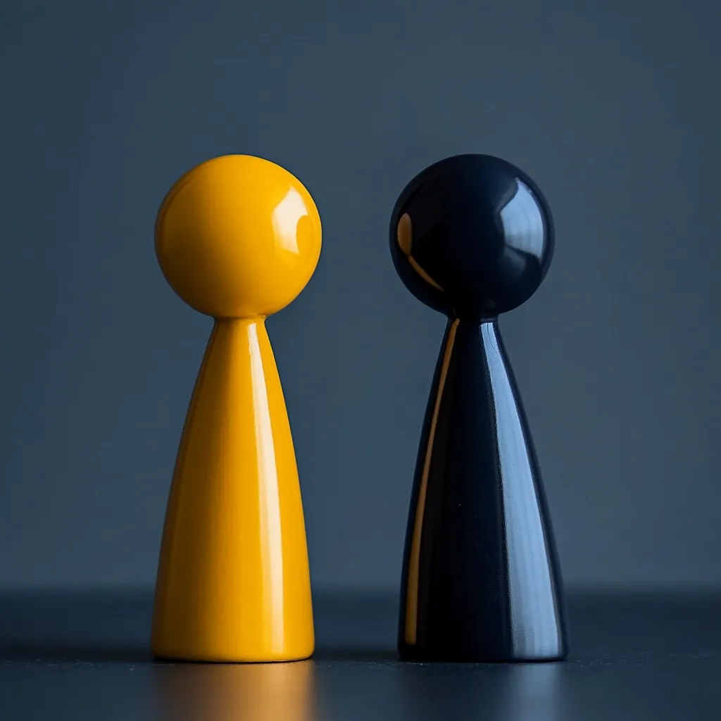 Two stylized figures stand side-by-side against a dark gray background.  One figure is a vibrant yellow, the other a deep black. Both are smooth, rounded shapes with a bulbous head and a tapering body, resembling simple game pieces or modern sculptures.  Their contrasting colors create a striking visual juxtaposition.