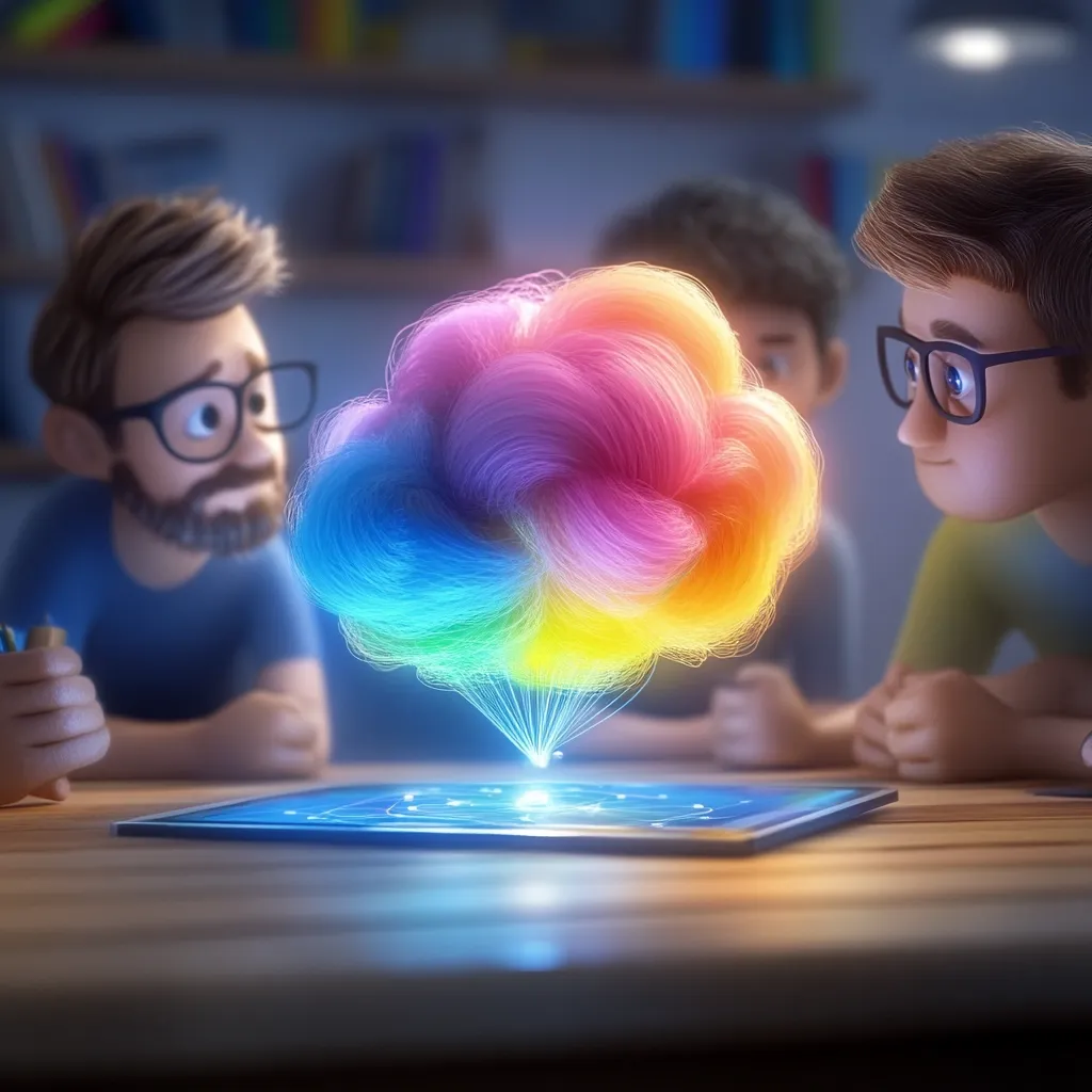 Three cartoon men are gathered around a tablet displaying a vibrant, rainbow-colored cloud.  The cloud is intricately detailed, resembling a brain or network. The men, with expressive features and glasses, appear captivated by the holographic projection.  The scene is set in a dimly lit room, enhancing the magical quality of the image.  It suggests a futuristic concept related to technology and ideas.