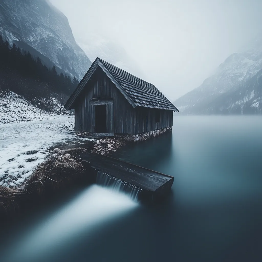 A weathered wooden boathouse sits serenely on a still, misty lake, nestled amidst snow-dusted mountains.  A small wooden walkway extends from the house to the water's edge, with a gentle waterfall cascading beneath.  The scene is shrouded in a calming, ethereal fog, creating a tranquil and atmospheric winter landscape. The dark hues of the boathouse and surrounding environment contribute to the overall moody ambiance.