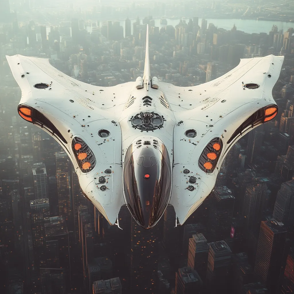 A futuristic, white spaceship with a sleek, biomorphic design hovers above a sprawling cityscape at dawn.  Its wings spread wide, revealing intricate details and glowing orange lights.  The cockpit is dark and glossy, contrasting with the ship's light exterior. The scene evokes a sense of advanced technology and urban exploration.