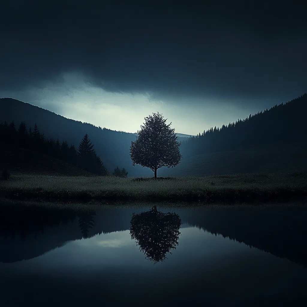 A solitary tree stands silhouetted against a dark, brooding landscape.  The tree's reflection is perfectly mirrored in a still, dark lake.  Rolling hills, covered in a shadowy forest, frame the serene scene under a dramatic, twilight sky. The overall mood is peaceful yet mysterious, evoking a sense of quiet solitude.