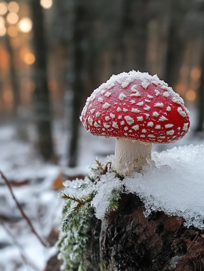 A vibrant red toadstool, dusted with a delicate layer of snow, stands proudly amidst a snowy woodland scene.  The mushroom's white spots contrast sharply against its bright red cap.  The background is blurred, showcasing a serene winter forest with soft, out-of-focus lights.  Tiny, snow-covered evergreen sprigs cling to the base of the fungus, adding to the enchanting winter wonderland ambiance.