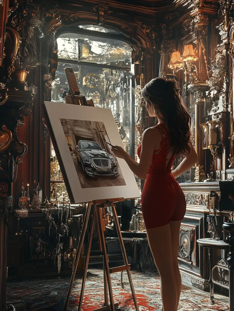 A woman in a red dress stands in an ornate room, painting a picture of a luxury car on an easel.  The room is lavishly decorated with antique furniture and rich textures.  Sunlight streams through a large, ornate window, illuminating dust motes in the air. The artist's focus is intensely on her work, creating a dramatic and artistic scene.