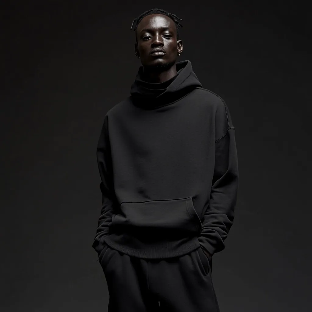 A dark-skinned male model stands against a black background, wearing an all-black outfit.  The ensemble consists of an oversized, dark gray hoodie with a kangaroo pocket and matching sweatpants.  His hands are casually in his pockets.  The model's expression is serious and neutral. The overall aesthetic is minimalist and monochromatic.
