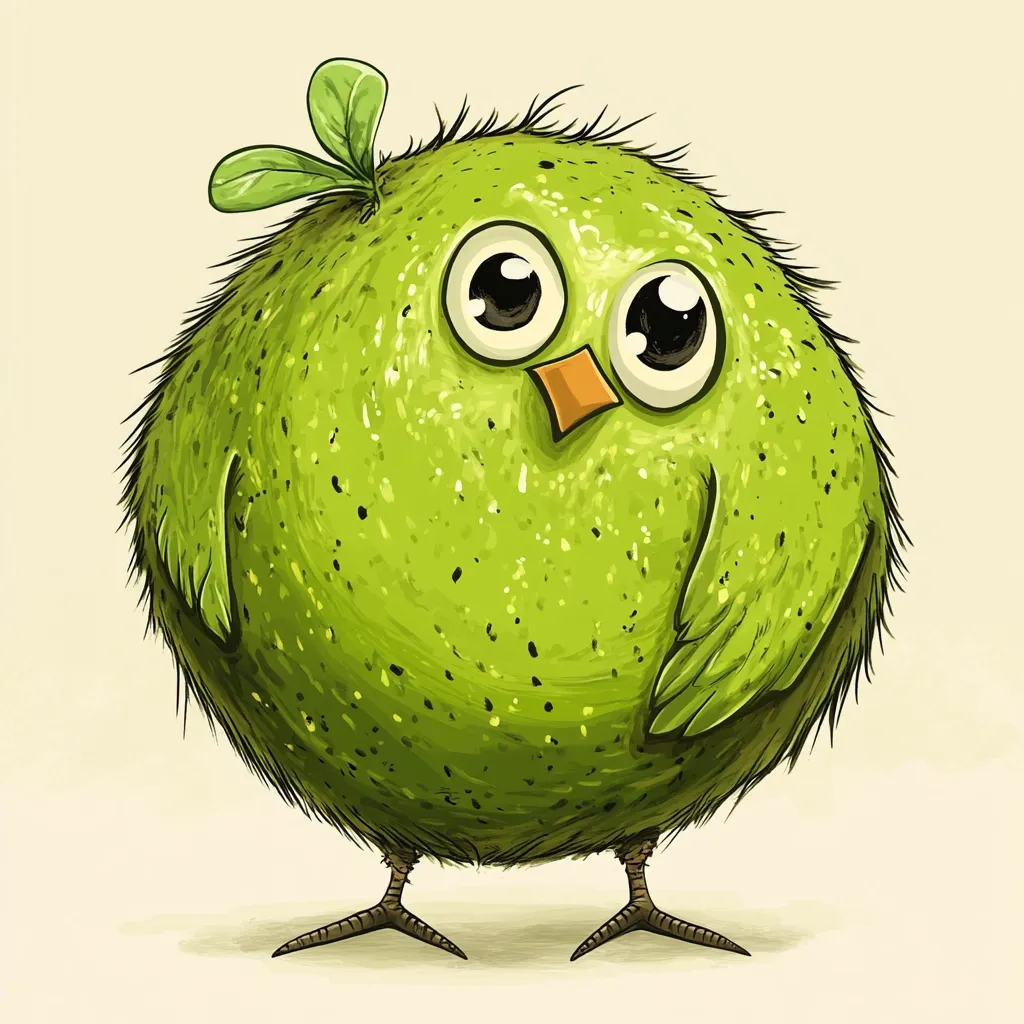 A whimsical illustration depicts a round, fluffy green chick.  Its large, expressive eyes and small orange beak add to its charming appearance.  Tiny green leaves sprout from its head, enhancing its unique and endearing character. The chick stands on short, dark legs, its body textured to mimic soft fuzz. The overall style is cartoonish and playful.