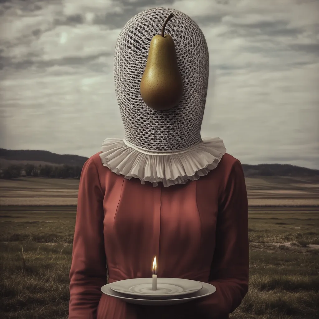 A surreal image depicts a woman in a rust-colored dress, her head covered by a lacy net with a pear replacing her face.  She holds a small plate with a lit candle, standing in a rural landscape under a cloudy sky. The overall mood is somber and enigmatic, suggestive of hidden identity or concealed meaning.